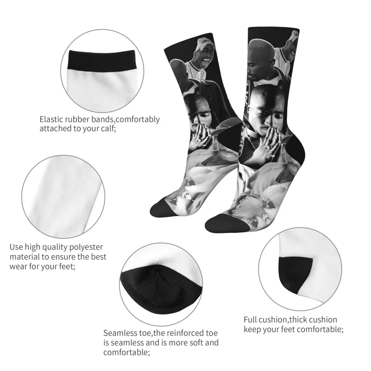 Fashion Tupacs  Football Socks Rapper Polyester Middle Tube Socks for Unisex Non-slip