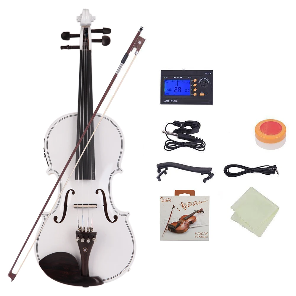 GV102 4/4 Solid Wood EQ Violin Case Bow Violin Strings Shoulder Rest Electronic Tuner Connecting Wire Cloth White