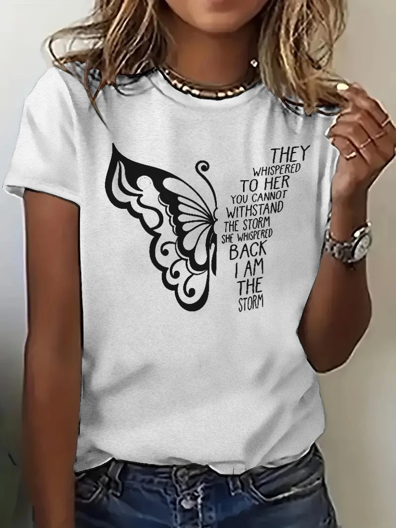 New butterfly patterned short sleeved T-shirt comfortable and versatile round neck pullover top women's unique commuting style