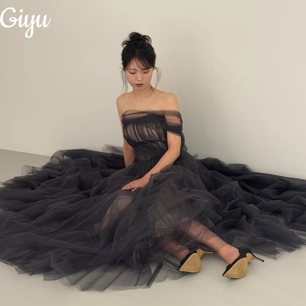 

Giyu Elegant Grey A-line Wedding Party Dress New Off Shoulder Tulle Korea Photoshoot Evening Dress 웨딩드레스 Customized 2025