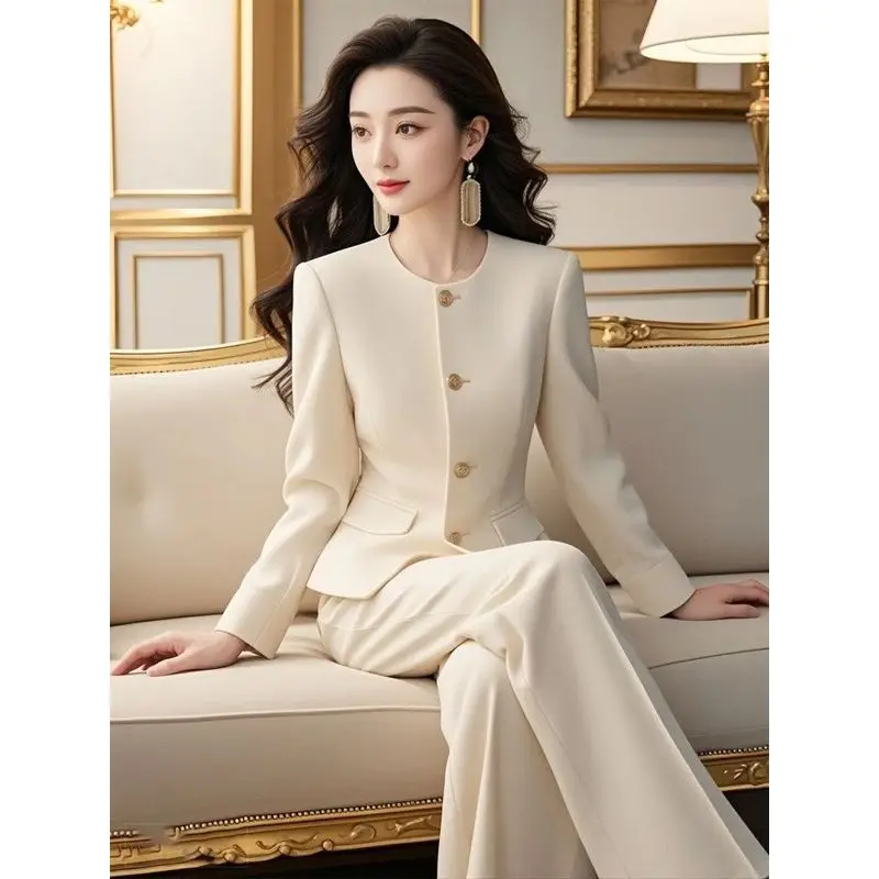 Spring Autumn A Complete Set Of Generous And Decent Fashion Temperament Advanced Sense Of small Fragrant Style Beige Pants Sets
