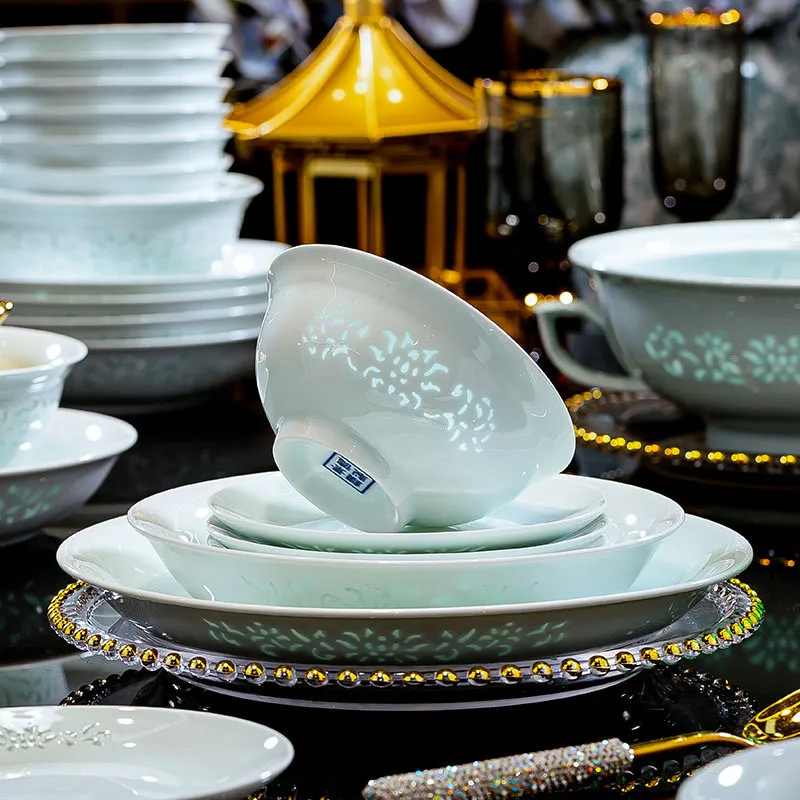 High white celadon tableware set Jingdezhen dishes household Chinese high-end housewarming dishes