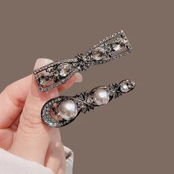 Korean Style Barrettes Duckbill Clip Rhinestones Hollow Crystal Pearl Word Clip Side Bangs Clip Women's Bow Hairpin