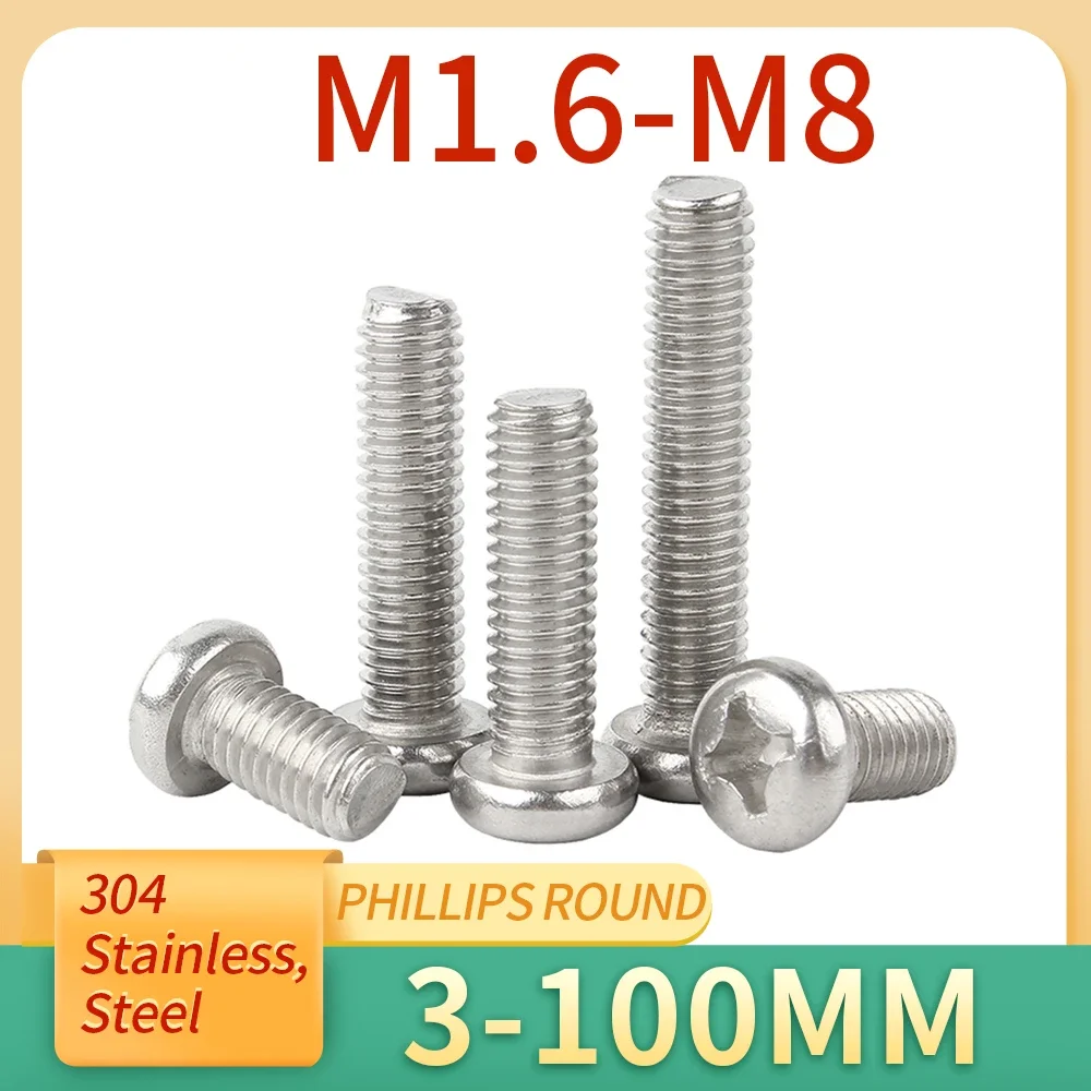 2-50Pcs M1.6 M2 M2.5 M3 M3.5 M4 M5 M6 M8 Cross Phillips Round Pan Head Screw Bolt A2-70 304 Stainless Steel