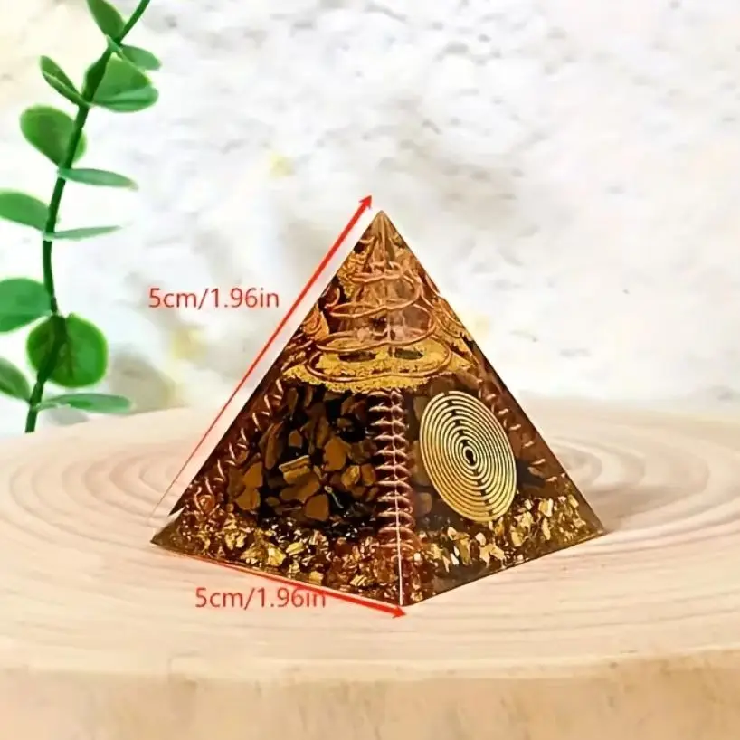 Crystal Chakra Orgone Pyramid with Tiger Eye Stone Copper Spiral Resin Colored Stone Decor, Golden & Brown Spiritual Enhancer