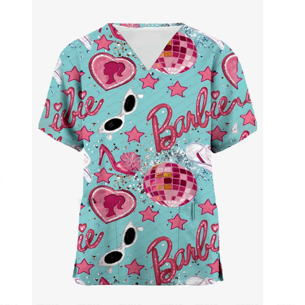 High Quality Barbie Princess Print women's Matte Top V-neck Cartoon Uniform Thin Nurse Top women's Short Sleeved Healthy Color