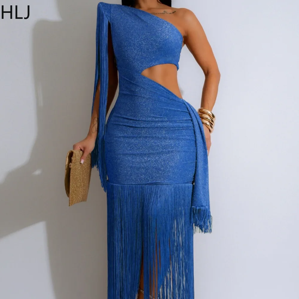 HLJ أنيقة شرابة المرقعة Bodycon فستان طويل بلوزات غير مغطية للكتف طويلة الأكمام الجوف خارج فستان الإناث ليلة حفلة Vestidos جديد