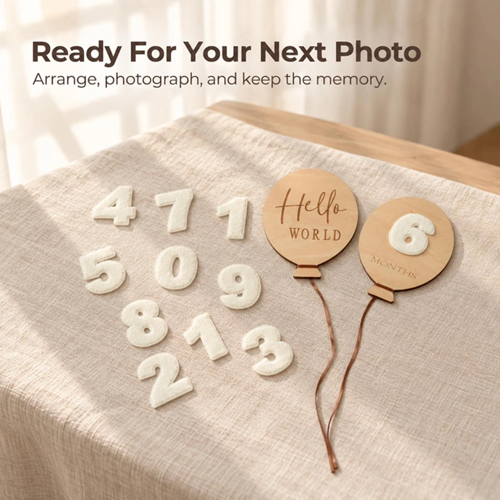 Felt Numbers Wood Balloon Photo Props Set Hello World Months 0-12M Baby Newborn Milestone Birthday Photography Gifts Accessories