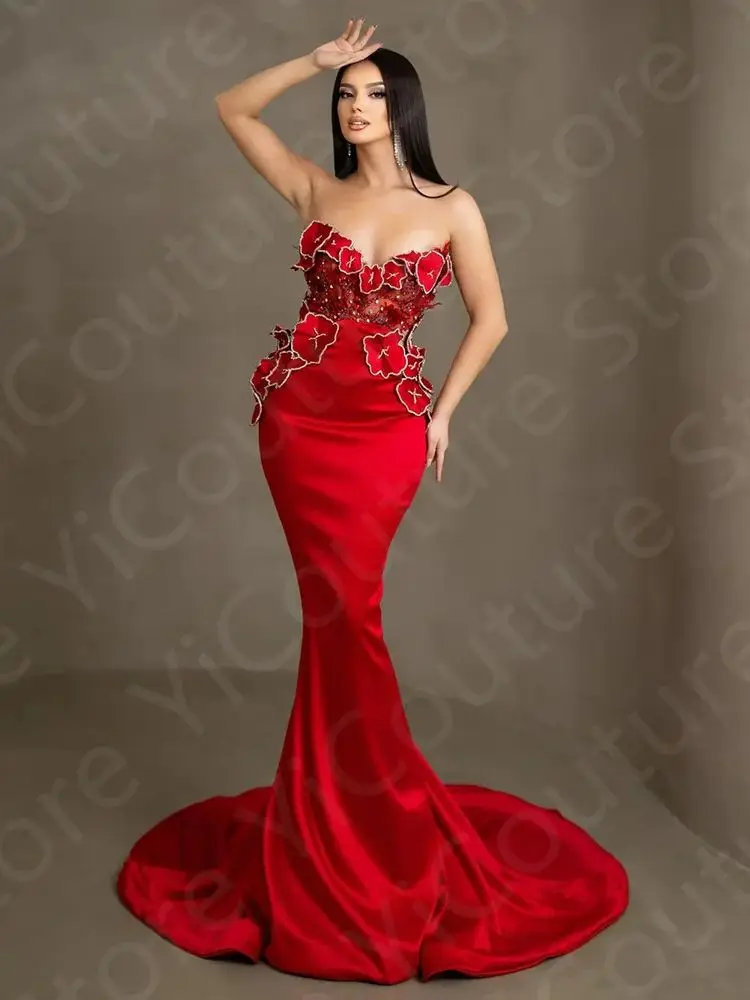 New Arrival Bright Red Evening Dresses 2024 Mermaid Prom Gowns Sweetheart Florals Wedding Party Dresses Beading Sleeveless