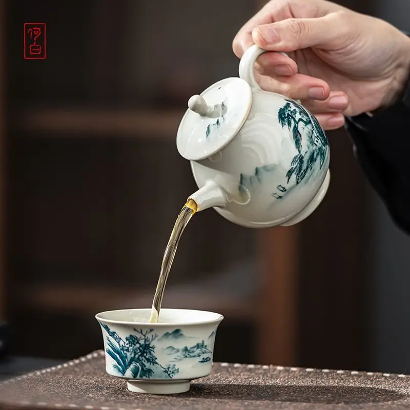He Bailong Kiln Firewood Fired Old Porcelain Clay Original Ore Hand-Painted Landscape Horse Lantern Teapot Household High-End