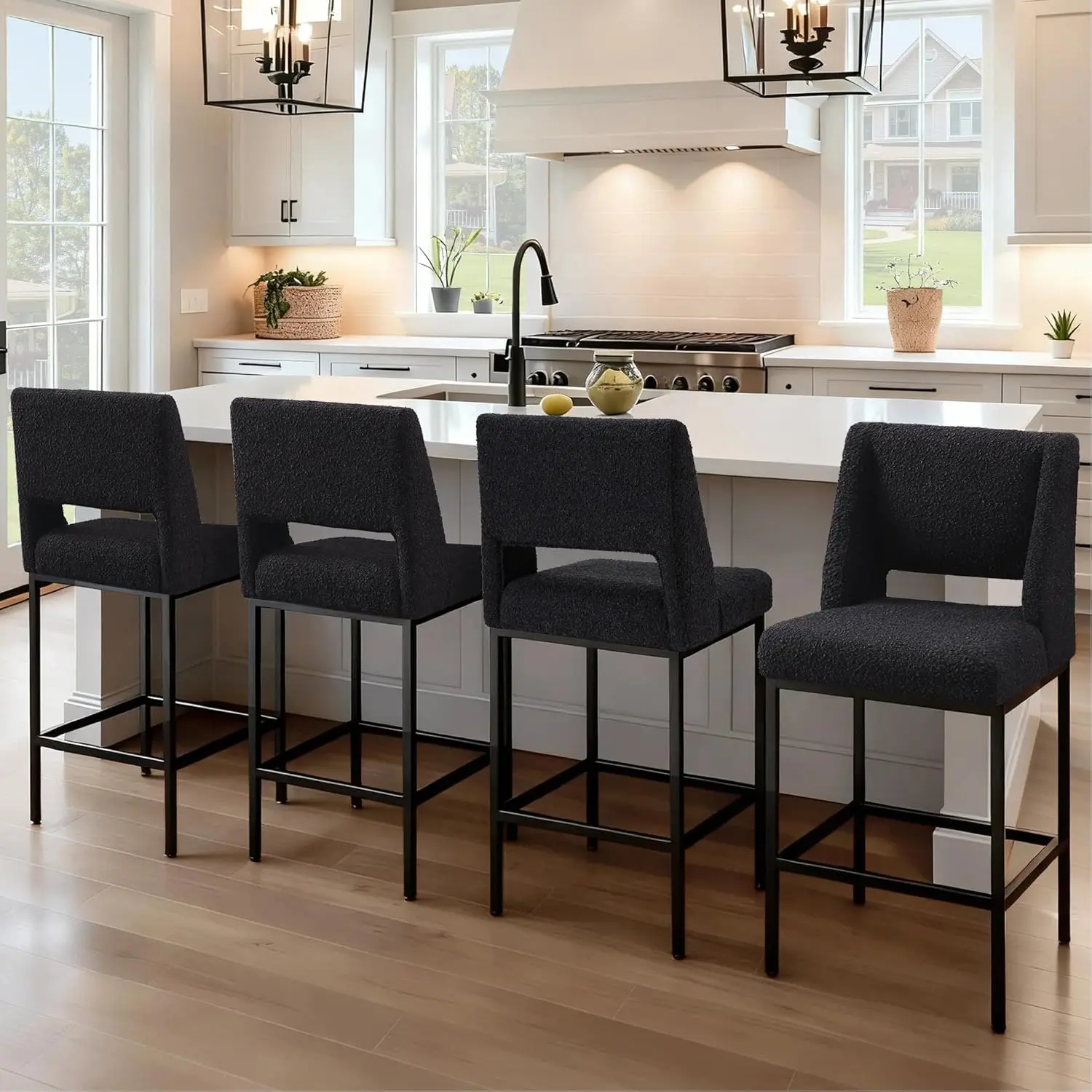 

Upholstered Counter Height Stools Set Of 4, 26" Boucle Fabric Bar Stools With Back, Metal Barstools Heavy Duty 300, Customized