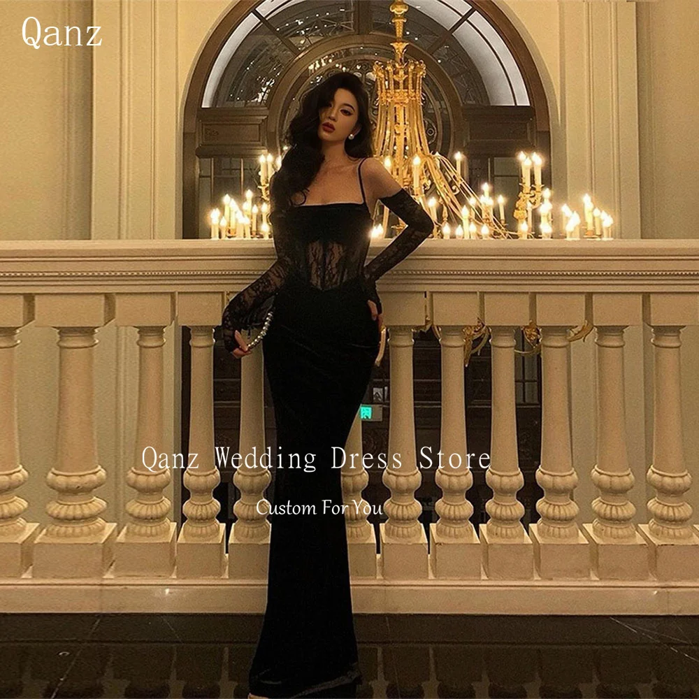 

Qanz Black Evening Dresses Spaghetti Straps Long Sleeves Formal Occasion Dresses Mermaid Lace Dubai Arabia Luxury Customized