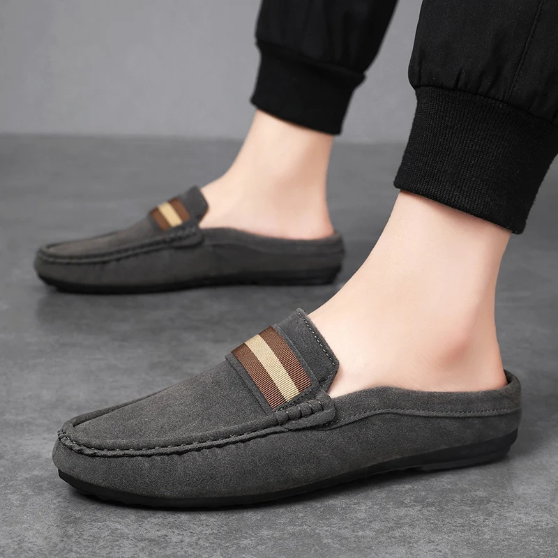 High Quality Leather Men Casual Shoes Half Slippers Mens Loafers Breathable Comfortable Walking Shoes Slip-on Driving Shoes