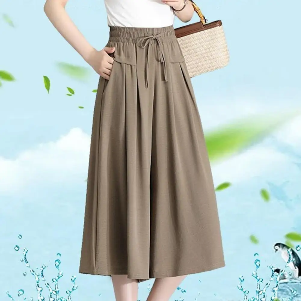 Wide-leg Culottes Stylish Women's High Waist Wide Leg Cropped Pants with Adjustable Lace-up Detail Pockets for Casual Lounge