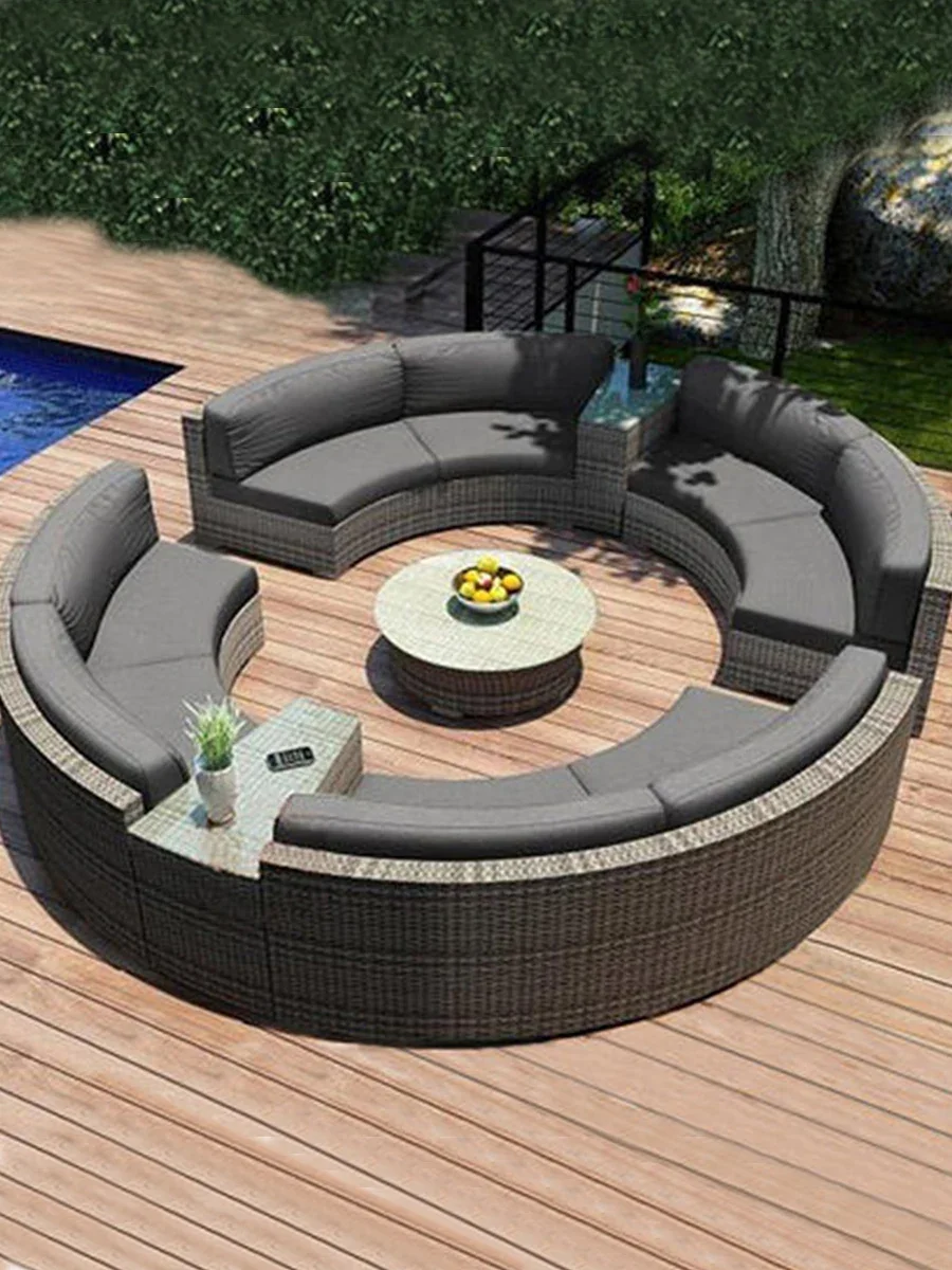 

Outdoor round rattan sofa combination garden courtyard semicircular rattan chair sofa outdoor hotel curved living room sofa