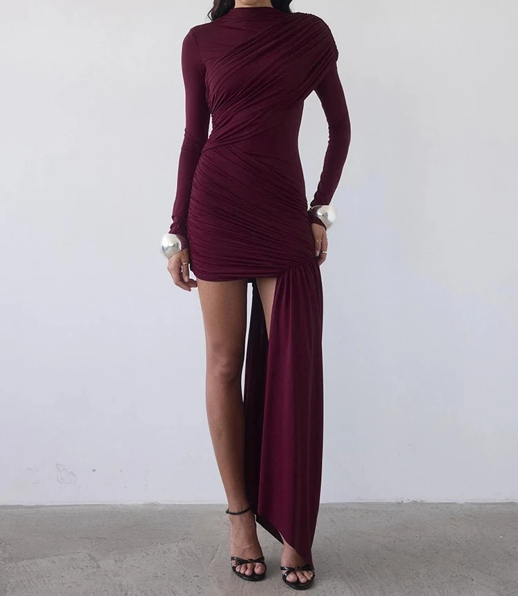 

Women Gown Elegant Turtleneck Long Sleeve High Waist Pleated Club Party Dress Irregular Draped Ruched Sexy Mini Dress