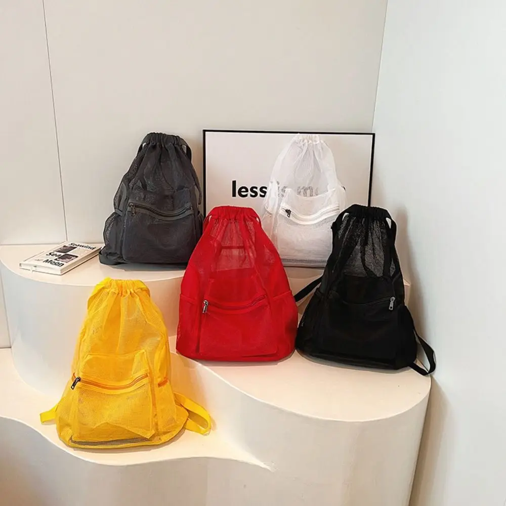 

Fashionable Korean Style Drawstring Backpack Portable Hollow Nylon Backpack Solid Color Large Capacity Mesh Beach Bag Girls