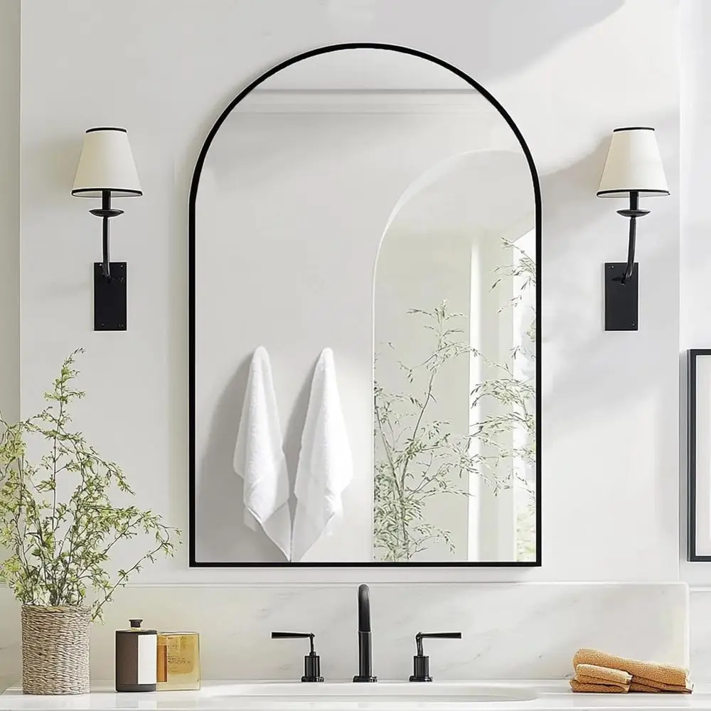 Elegant 20x30 Black Arched Mirror with Metal Frame for Bathroom, Hallway, and Bedroom