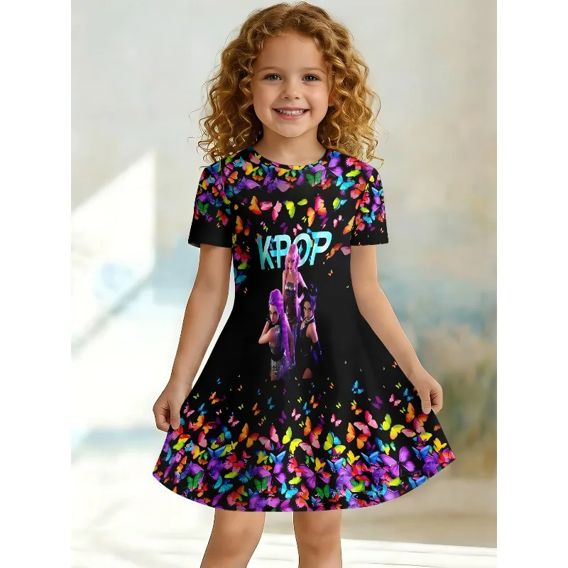 K-Pop Mädchenkleid mit Regenbogen-Schmetterlings-Print, schwarzes kurzärmeliges T-Shirt-Kleid für Kinder, geeignet für Geburtstagsgeschenke und Partys