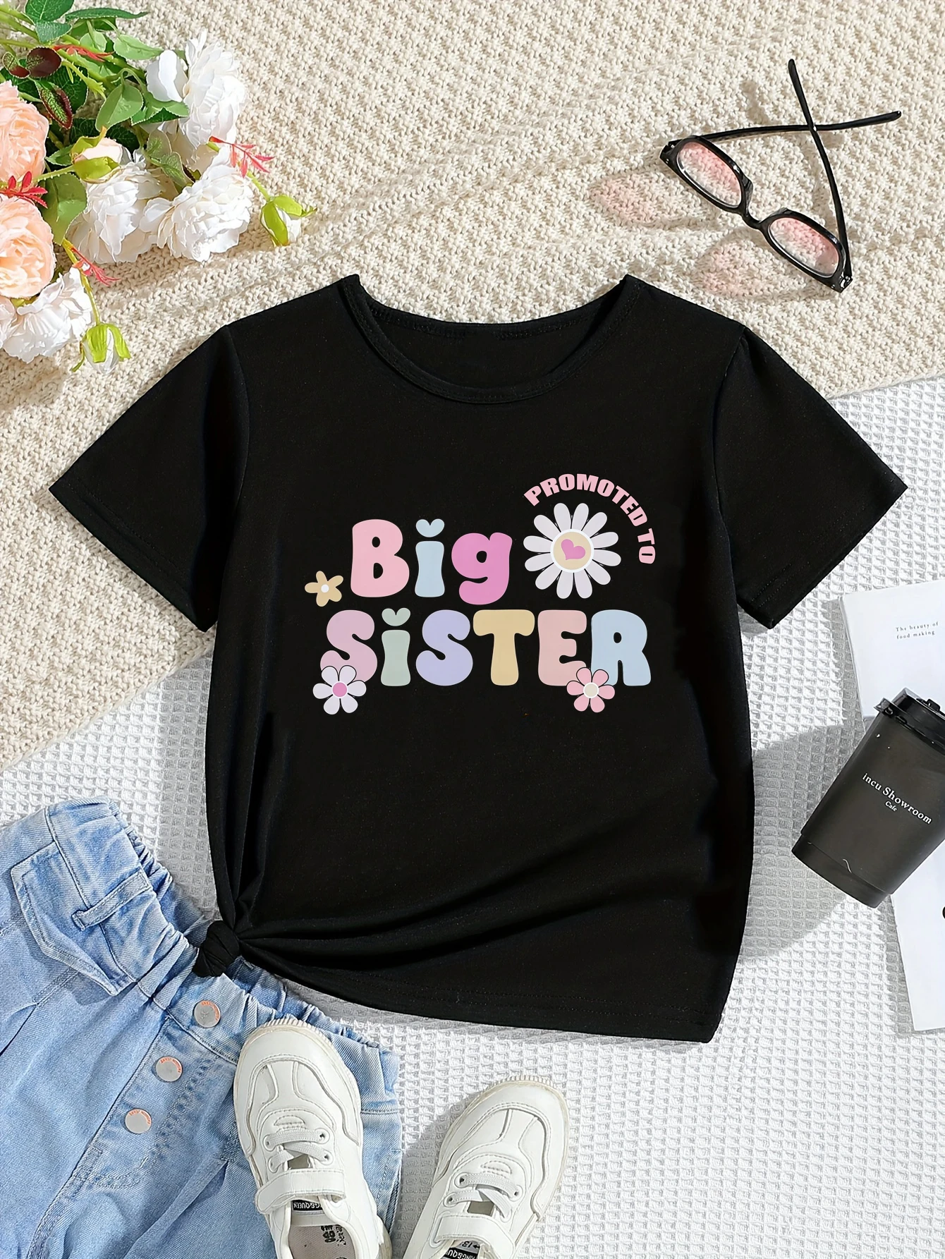 

Promoted To Big Sister Flowers Printed T Shirt Girls Kawaii Kids Clothes Pregnancy Announcement Shirt Toddler Shirt