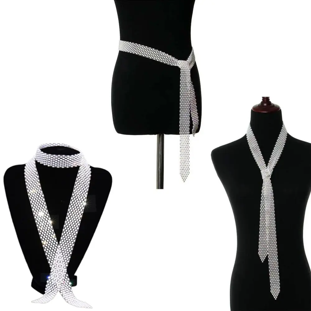 90/130/150cm Rhinestone Tie Shiny Long Necktie Hollow Out Exquisite Dazzling Embellished Tie