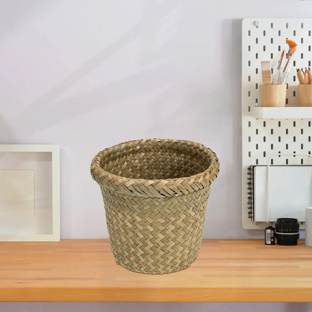 Seagrass Storage Basket Large Capacity Woven Waste Bin Round Straw Rubbish Paper Container for Bathroom Kitchen Home Office