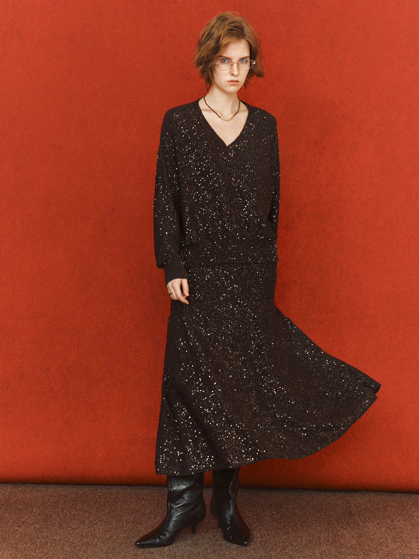 

Linen Camere Silk V-ne Loose Batwing Sve Sweater Midi Skirt Set Women's Faion Autumn Outfit Breathable Chic Workwear