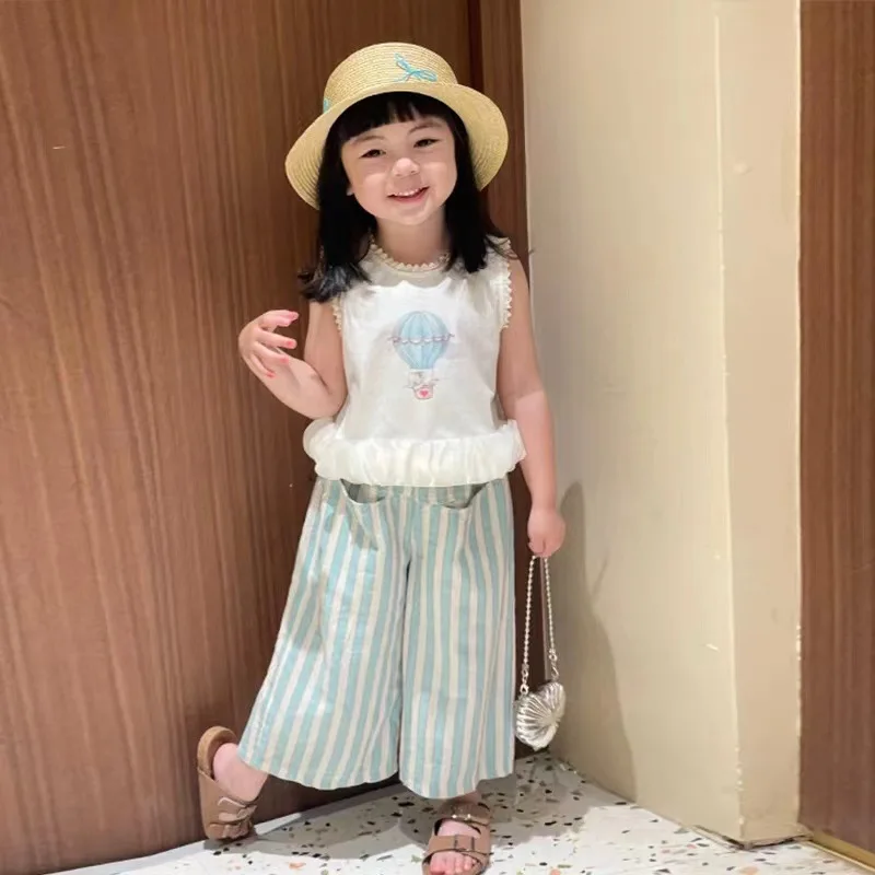 Girls' Summer Set New Korean Version of Girls' Sleeveless Doll Shirt + Striped Nine-point Pants Two-piece Set