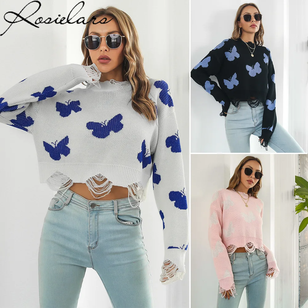 

2024 Ripped Butterfly Jacquard Short Sweaters Winter Long-sleeved Knitwear Cross-border Oversized Sweater Women Outfit Korean