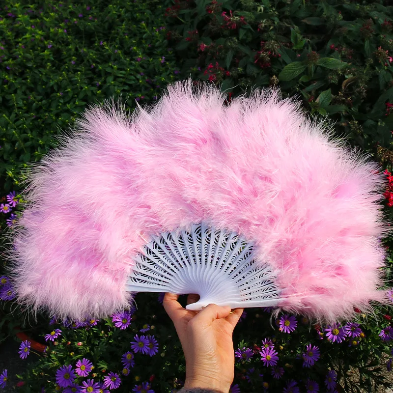 Fluffy Turkey Feather Handheld Fan Natural Marabou Plumes Pink Fan for Handicrafts Wedding Stage Performance Fans