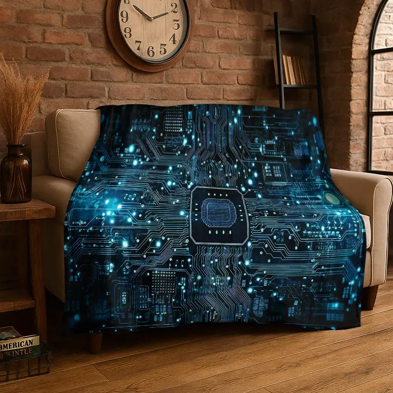 Retro Circuit Board Chip PCB Flannel Blanket Soft Warm Throw Blanket for Bedroom Living Room Bed Travel Camping Picnic Cover Nap
