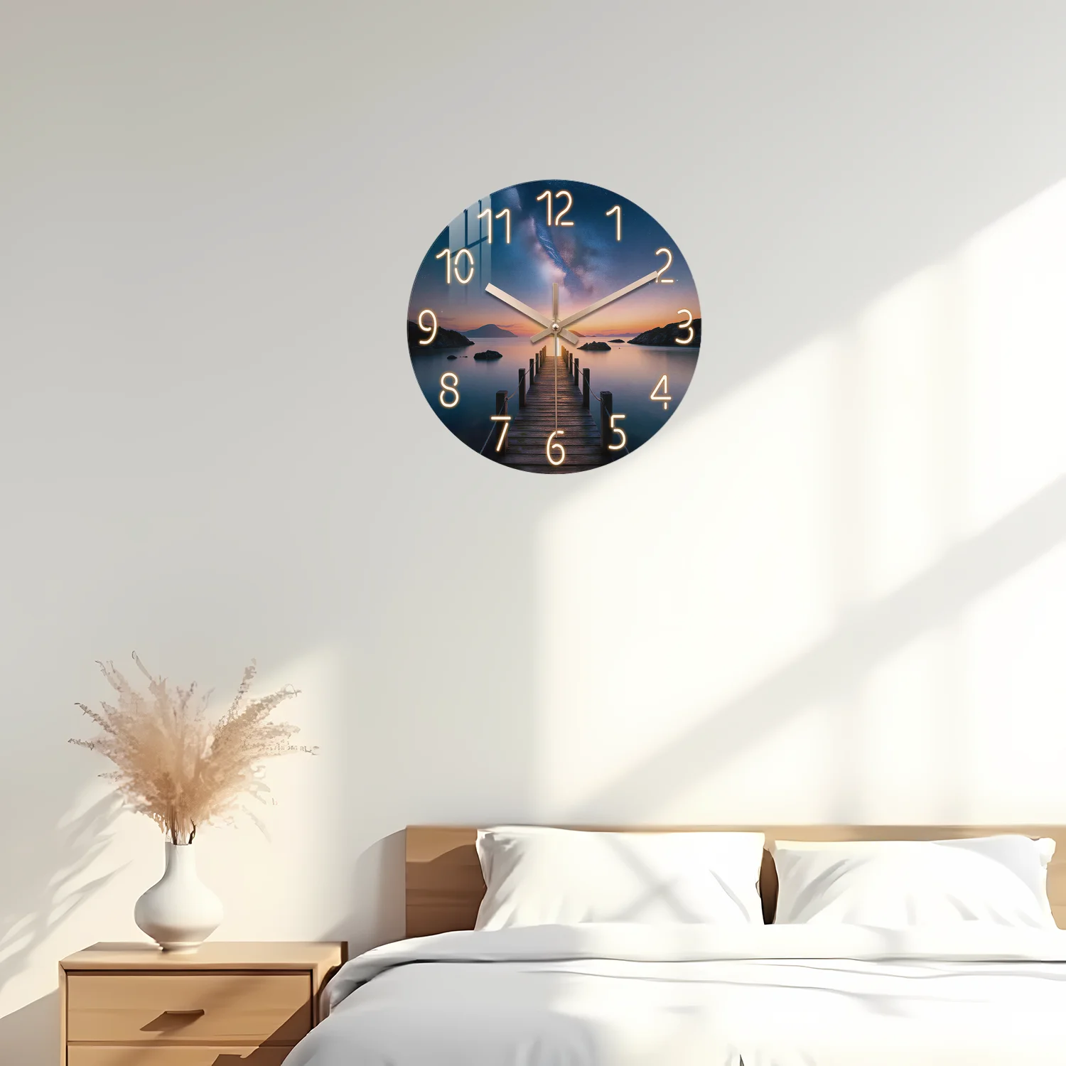 Starry Sky Sunset Deep Blue Wooden Wall Clock, 10-24inch Silent Wall Clock, AA battery powered, suitable for living room, bedroom, office space, (battery not included), Easter, Mother's Day, April Fool's Day
