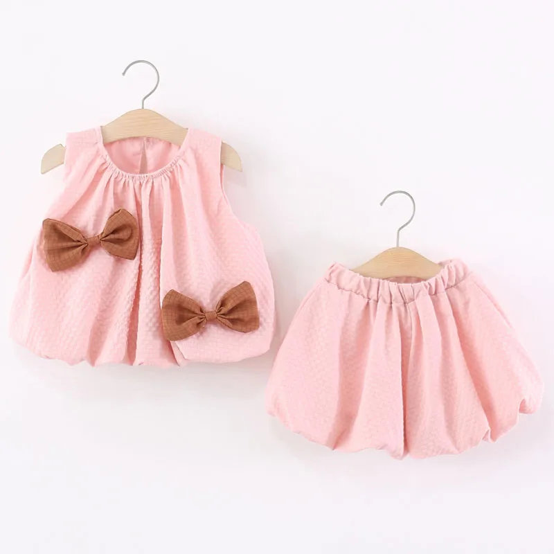 2PCS Set Summer Little Girl Clothes Korean Fashion Pink Cute Bow Sleeveless Cotton Baby Tops+Shorts Kids Boutique Clothing B037
