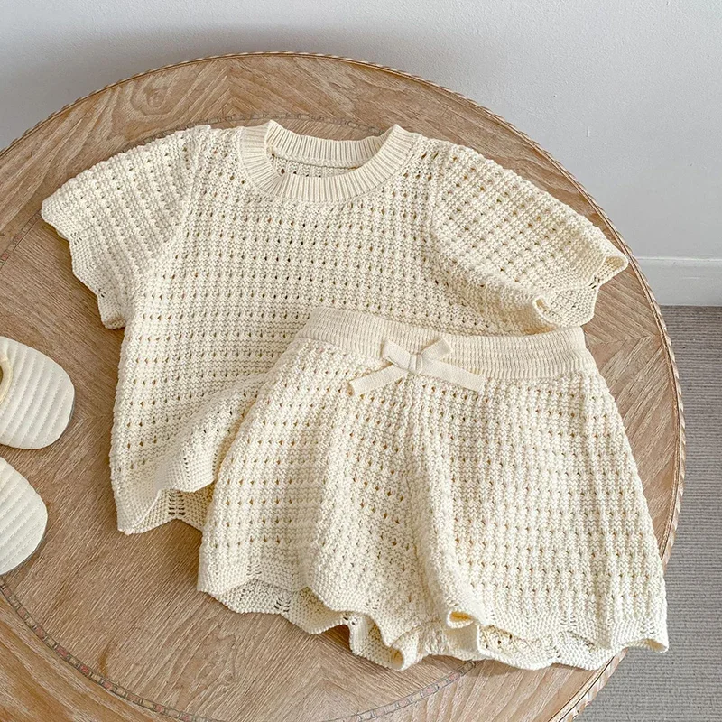 2026 New Summer 0-6Yrs Infant Baby Girls Clothing Set Children Clothes Suit Short Sleeved Solid Color Knitted Pullover+Shorts