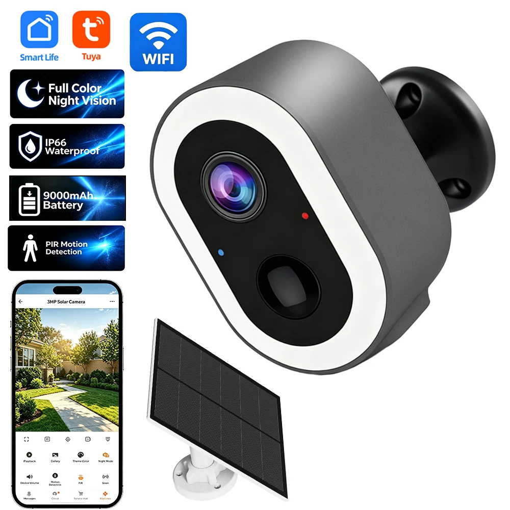 Black Mini Tuya Solar WiFi Camera 3MP Full Color Night Vision Low Power Battery Indoor Outdoor IP66 Waterproof Security CCTV