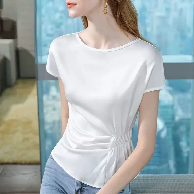 New Fashion White Raglan Sleeve Acetate Satin Shirt plus size 6XL 7XL candy color tops all-match street wear ice silk blouse