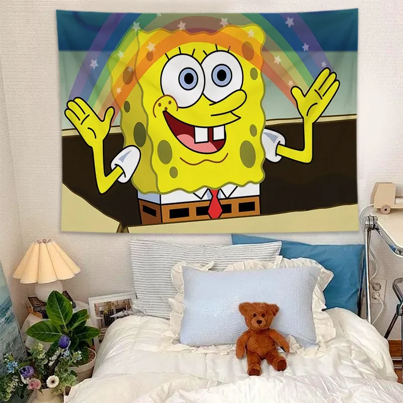 SpongeBob Tapestry Anime Wall Hanging Room Decor Cartoon Background Cloth Art Hippie Room Girls Boys Bedroom Funny Cute Tapestry