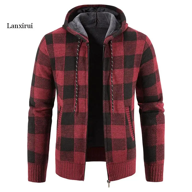 

Autumn Winter Thick Cardigan Men's Plaid Sweater Hooded Fashion Warm Slim fit Knitted Sweater Male Fleece Hoodies Coats Men