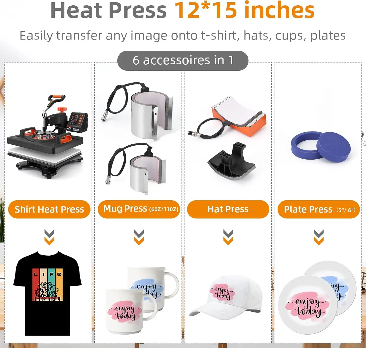 Heat Press Machine, 12 X 15 inch, 6 in 1 Heat Press, 800W Sublimation Machine, 360° Rotation Swing-Away Heat Press