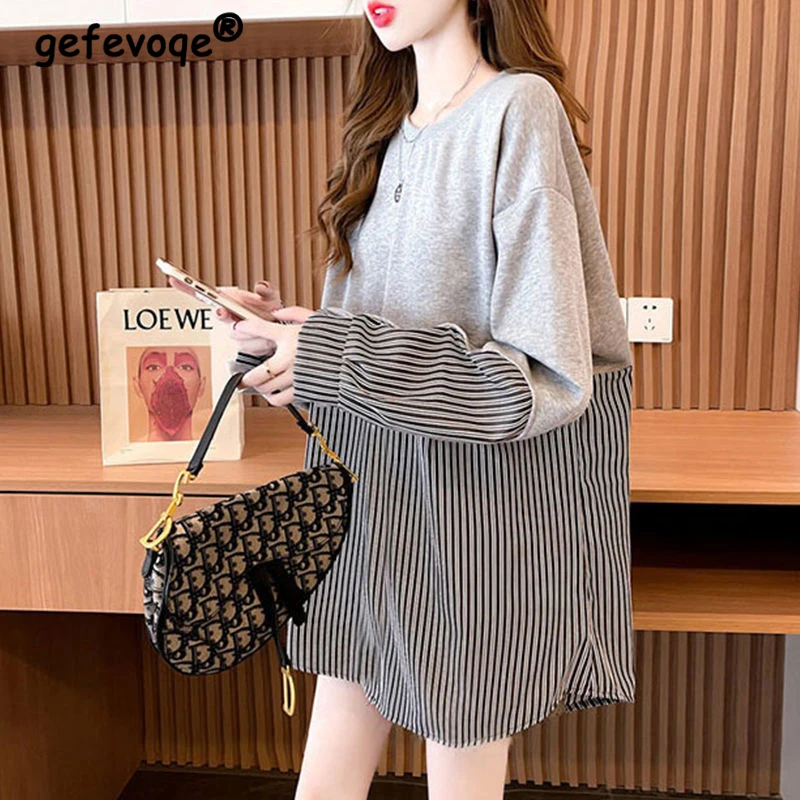 

Spring Autumn Korean Striped Loose Casual Hoodies Women Long Sleeve Fake Two Pieces All Match Lady Sweatshirts Fashion Top Femme