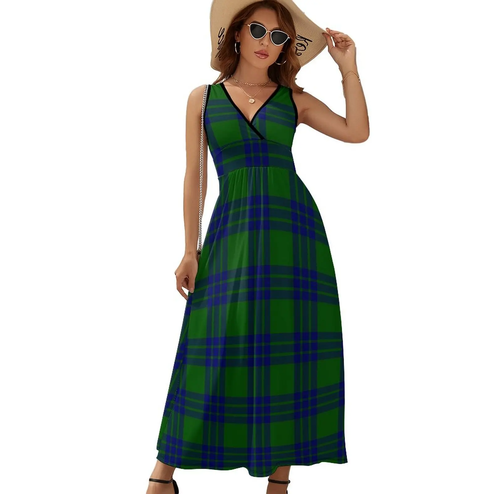 

Зеленое и синее клетчатое платье, женское винтажное платье макси с рисунком, V-образным вырезом и высокой талией, богемные длинные платья с эстетическим узором