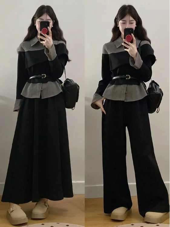

plus Size Women's Fashion Set Conceal Meat Slimming Pants Two Piece Suit Autumn New Style Collar Long Sleeve Regular Fit