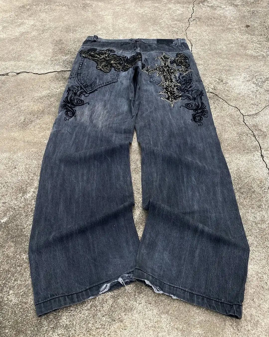 Harajuku stijl Nieuwe Hip Hop Gothic Geborduurde Rechte Jeans Mannen Streetwear Casual Oversized Dweilen Wijde pijpen Broek Paar Jeans