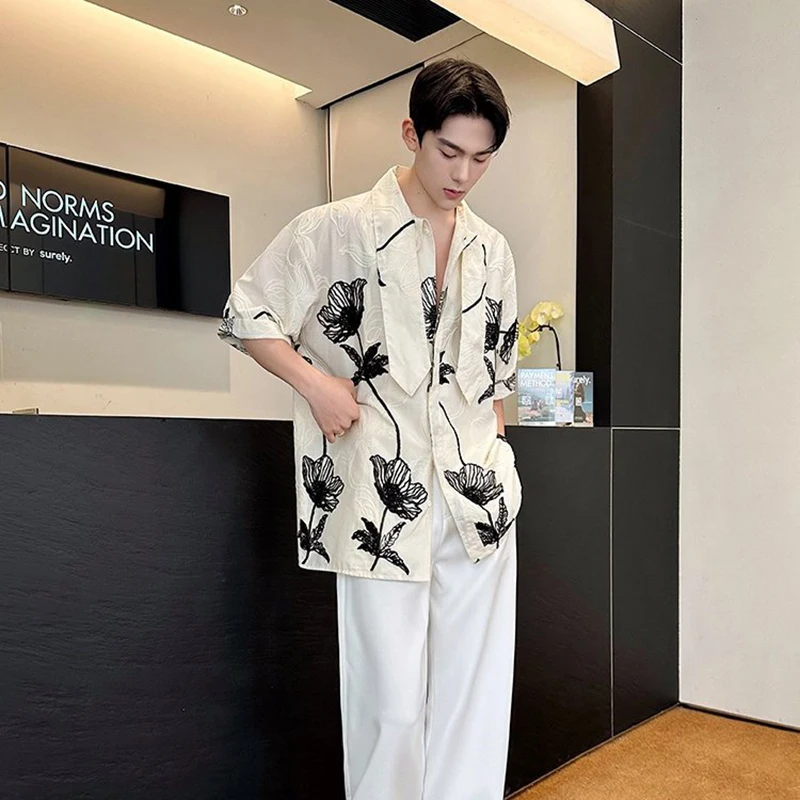 WTHT Fashion Men's Heavy Industy Flower Embroidery Contrast Color Shirts Trendy 2026 Summer Short Sleeves Lapel Tops Male 2A3111