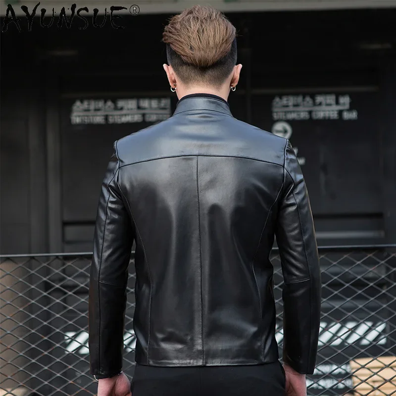 AYUNSUE Fashion Men Leather Jacket Casaul Slim Stand Collar Real Sheepskin Coat Spring Men's Clothing Biker Coats and Jackets view 4