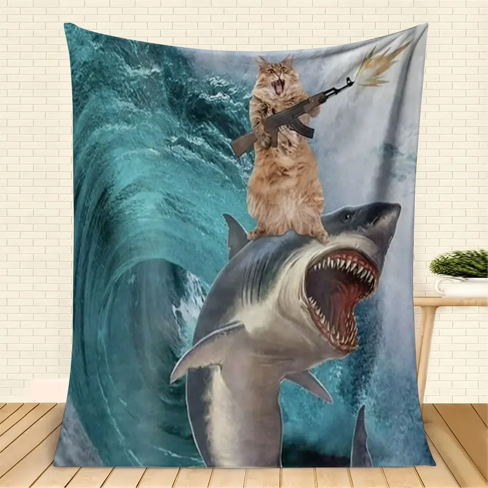 Wild Cat on Shark with Rifle Flannel printed blanket suitable for all seasons suitable for living room office sofa and travel