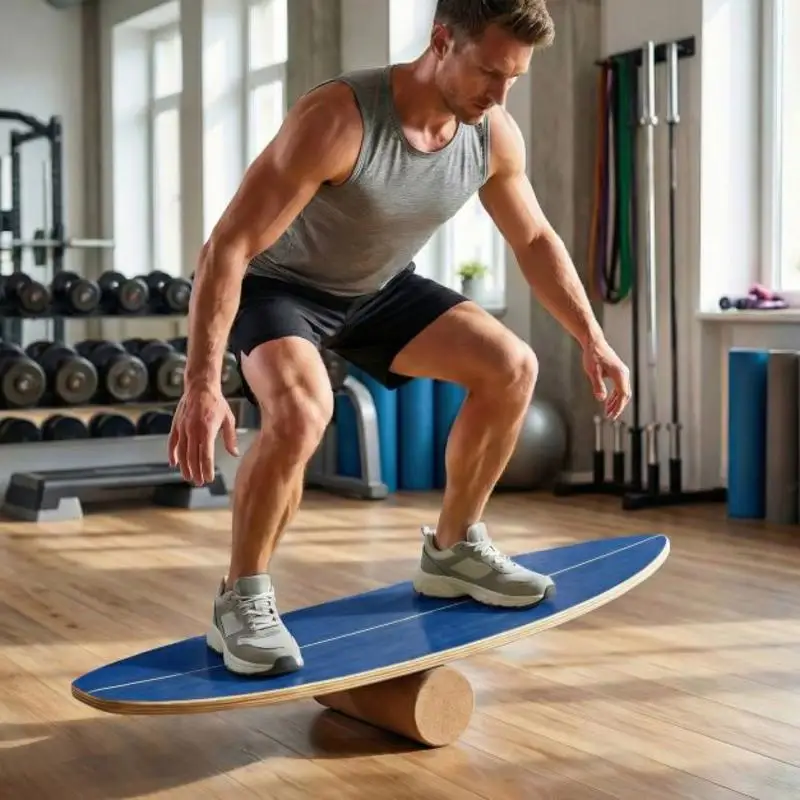 Planche d'équilibre pour adultes en bois avec rouleau en liège et support de rangement pour l'exercice - Bleu Améliore l'équilibre et la force du tronc, Conception portable pour la maison, la salle de sport et l'entraînement de réadaptation