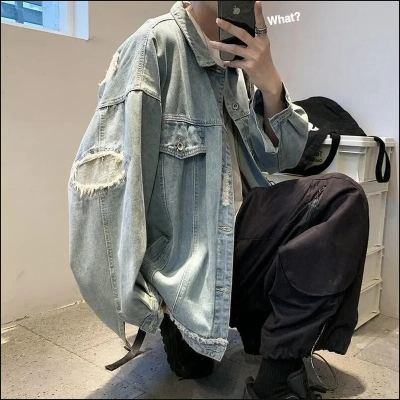 Ebaihui Mannen Denim Jassen Lente Herfst Lange Mouw Zwart Oversized Harajuku Jeans Jas Mode Koreaanse Mannelijke Kleding Tops