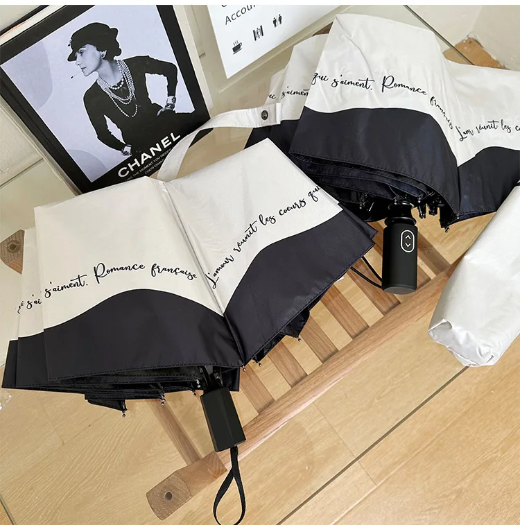 French Umbrella Automatic Female Rain or Shine Dual-use Black and White Edge Niche Sun Protection and Anti-UV Parasol