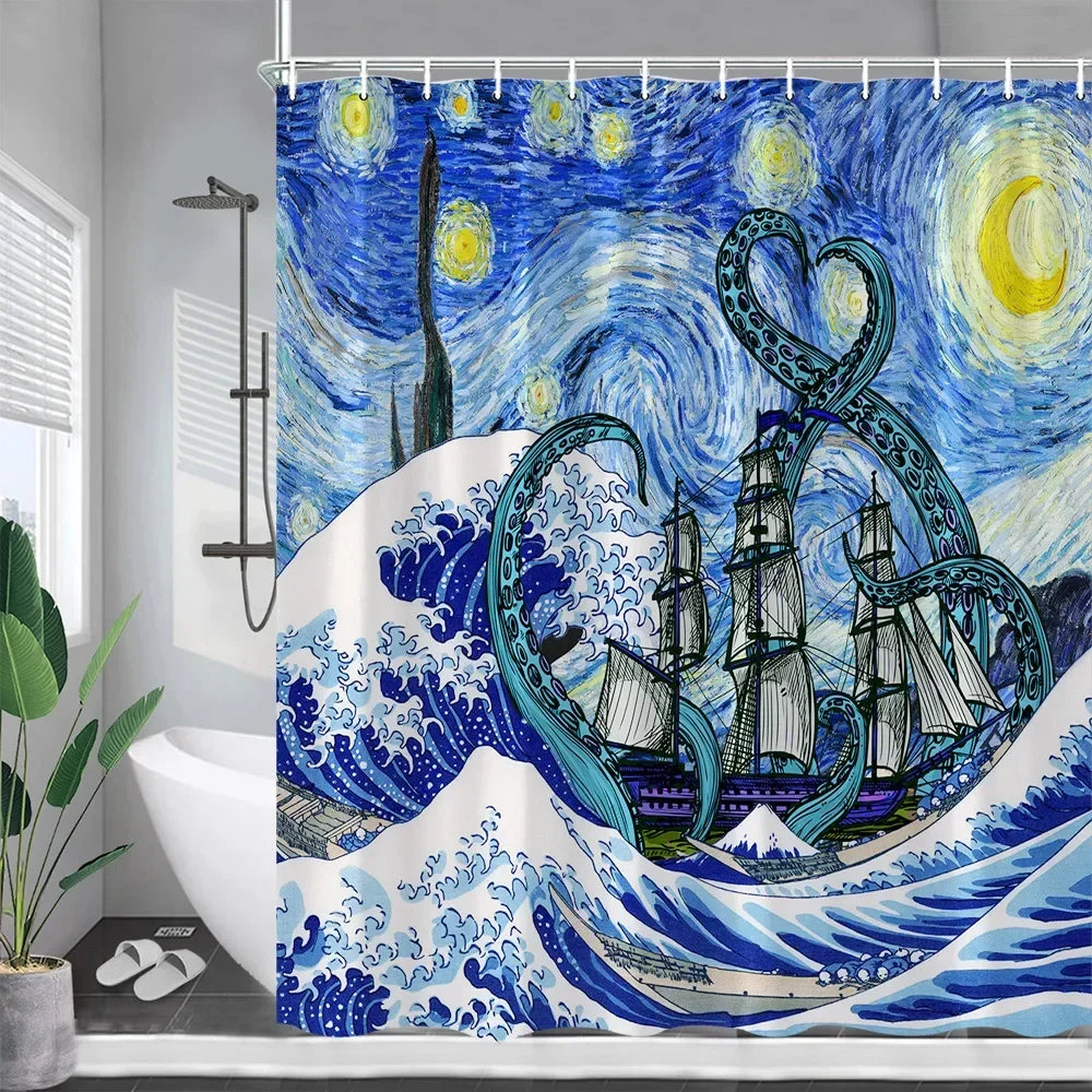 Octopus Shower Curtains Ocean Animals Sailboats Sea Waves Starry Sky Creative Art Polyester Cloth Bathroom Decoration with Hooks